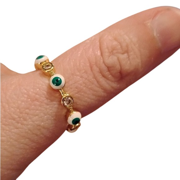 Evil Eye Ring Gold Tone Green White Rhinestone Stackable‎ Band Ring - Picture 1 of 2